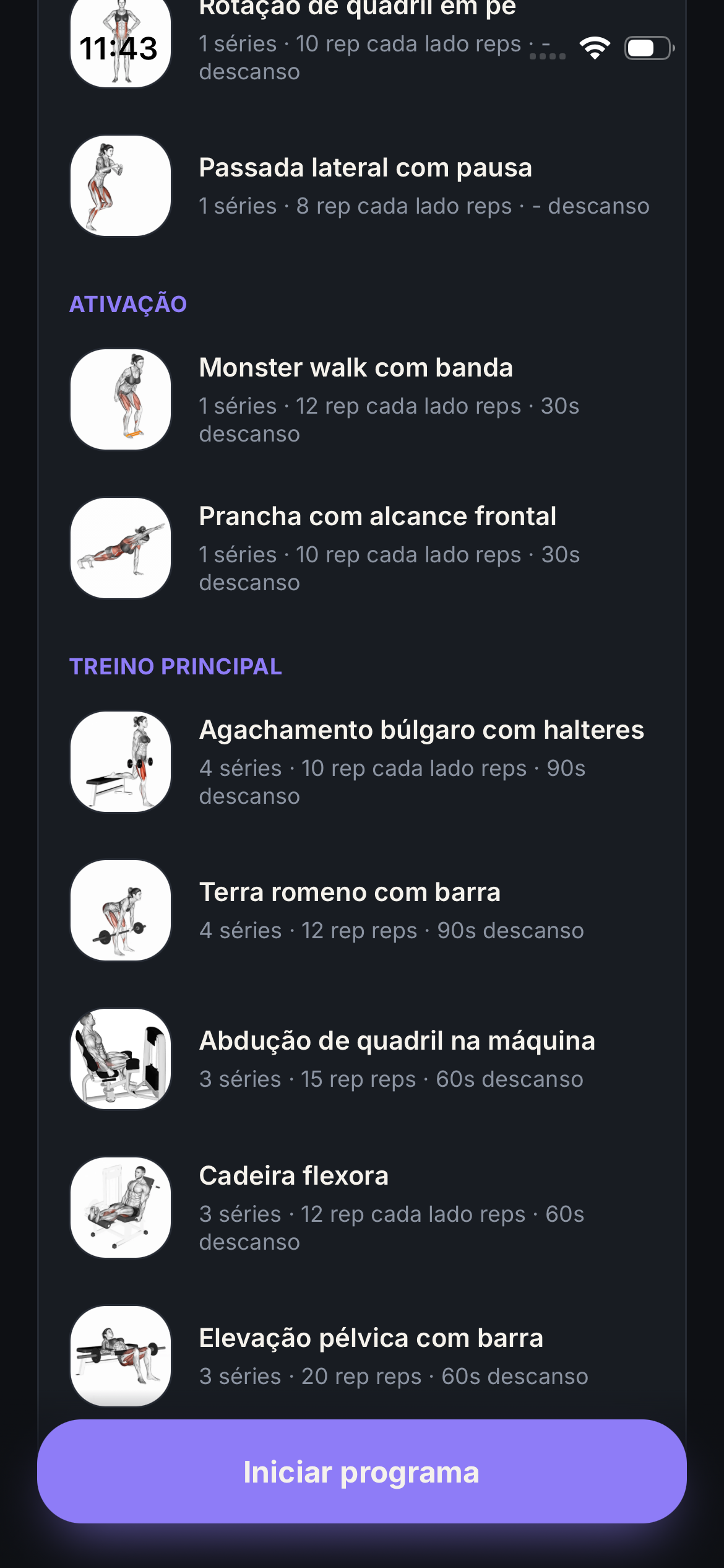 Tela com a lista de exercícios de um treino do programa no Flow Studio