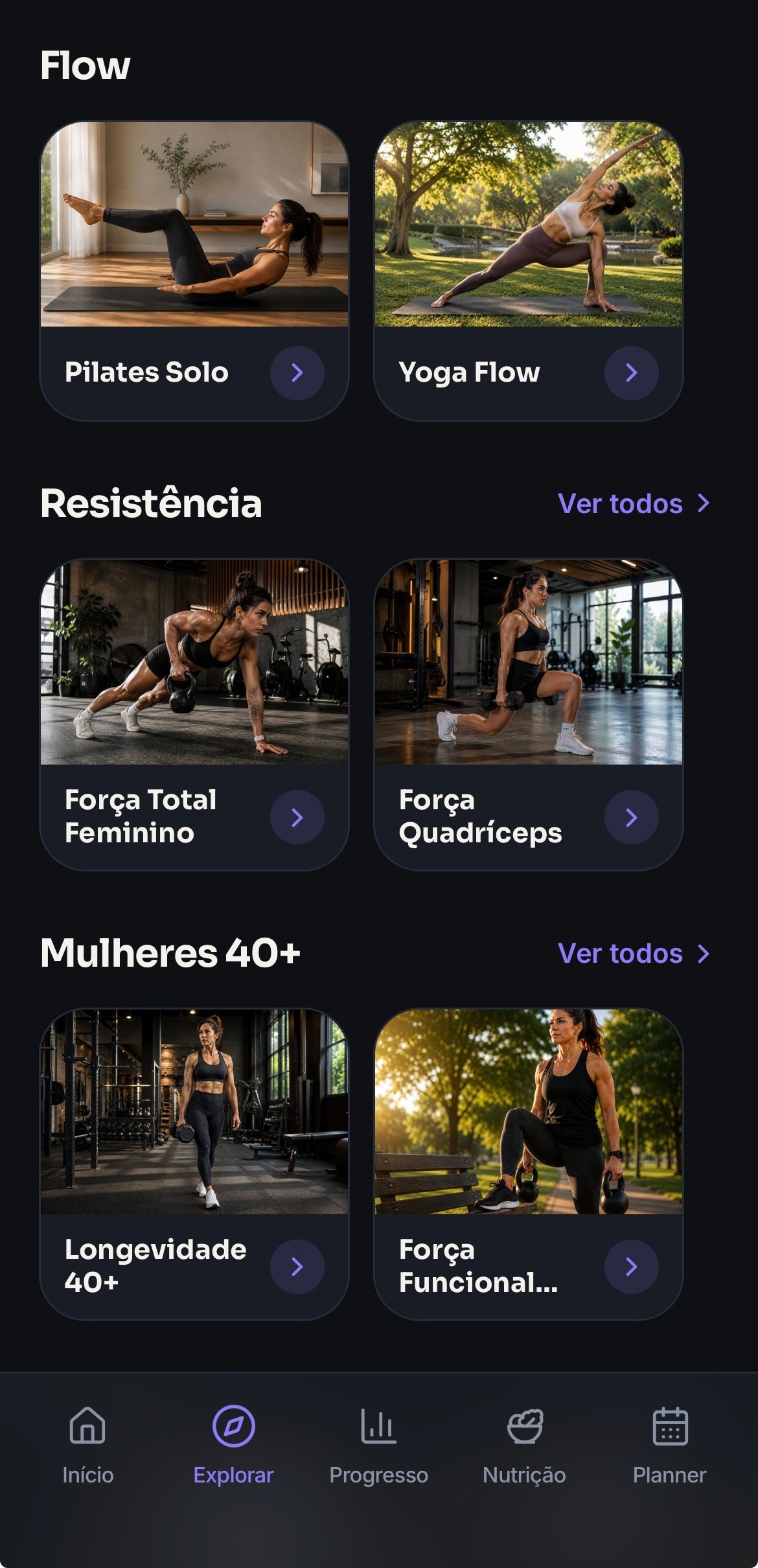 Tela de explorar programas de treino do Flow Studio