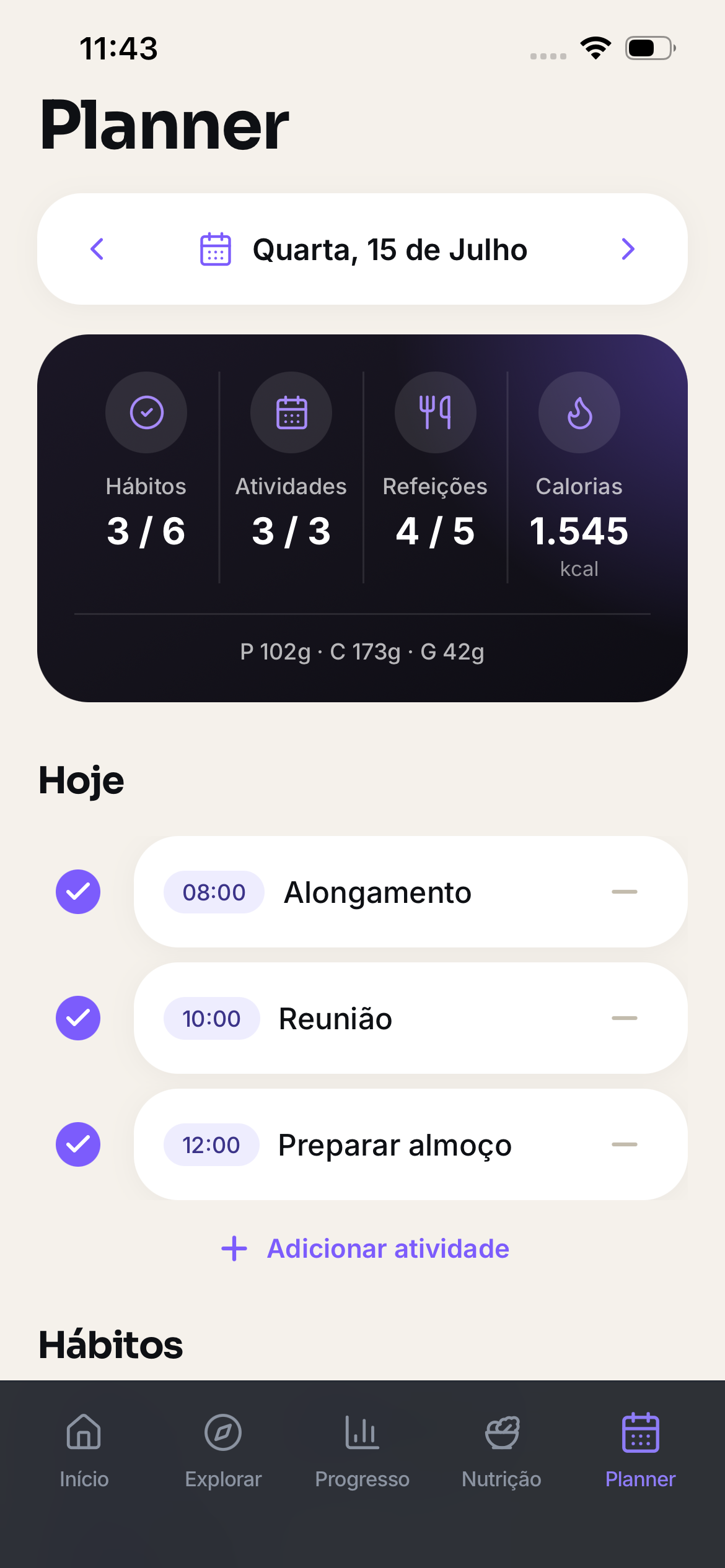 Tela do planner de hábitos e refeições do Flow Studio