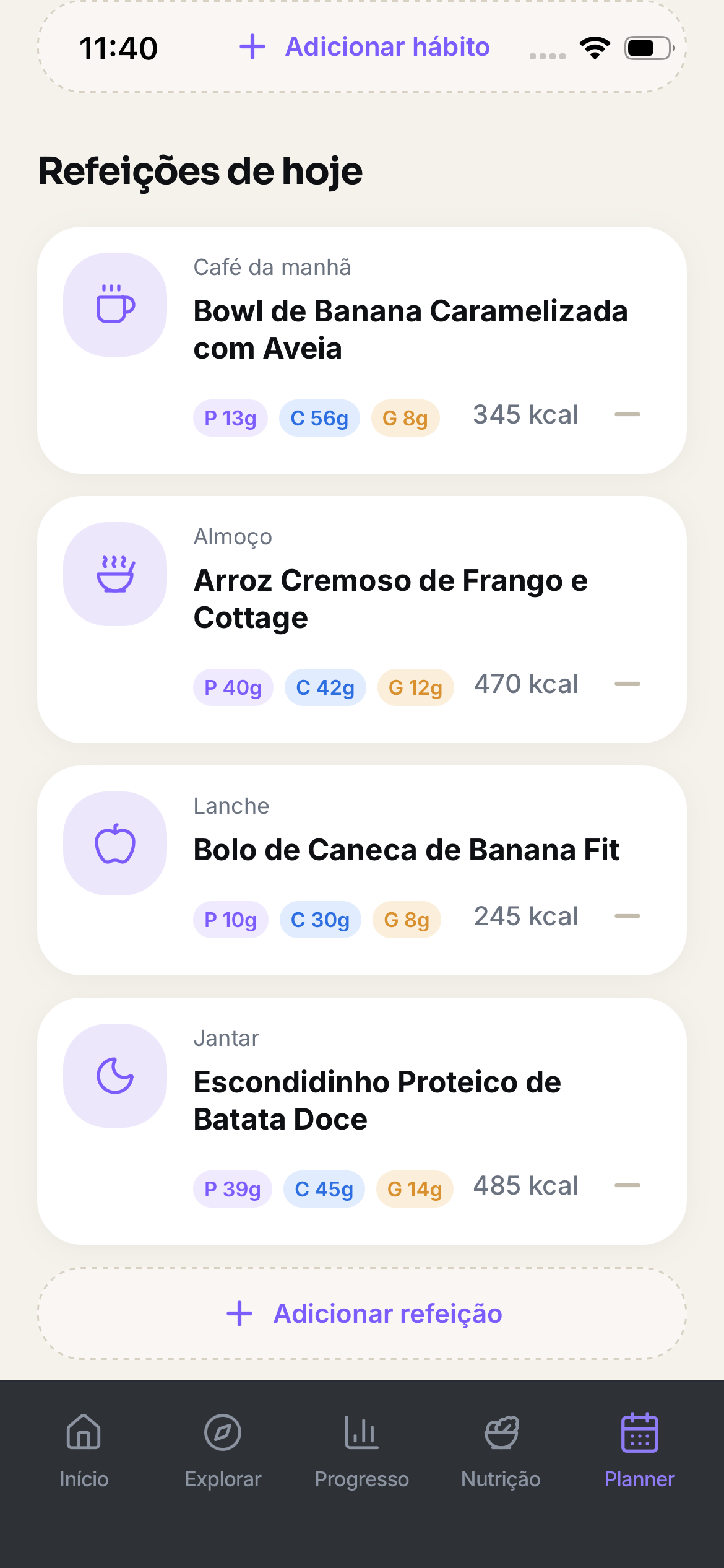 Tela de refeições do dia no Flow Studio