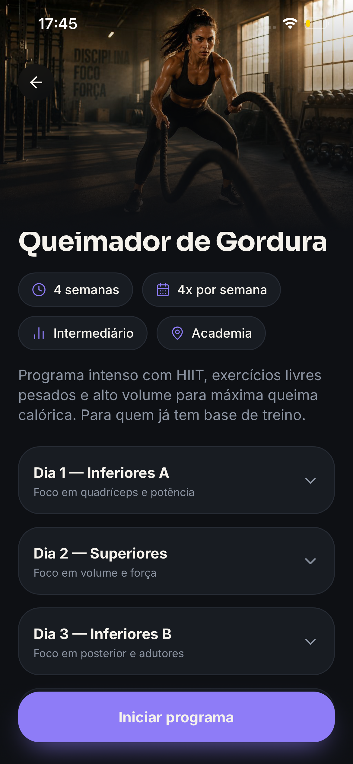 Tela de detalhe do programa Queimador de Gordura no Flow Studio